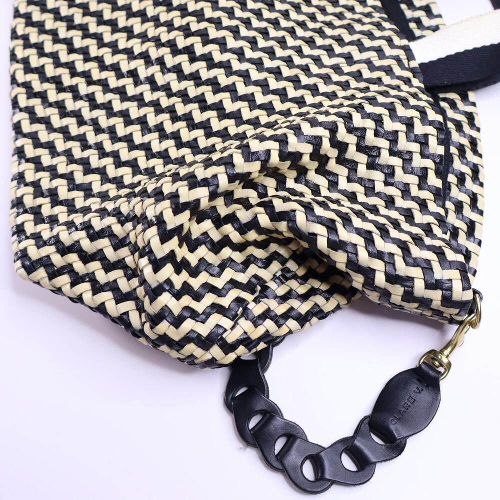 CLARE V. Bateau Leather Convertable Tote Bag Black and Cream Woven Zig Zag - Picture 8 of 9